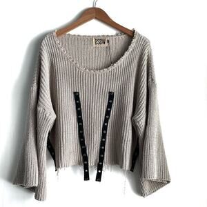 BSBW sweater distressed and frayed style with black stripe detail beige sz M